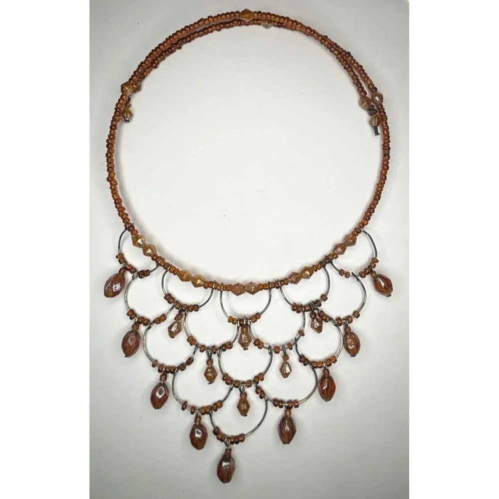 Vintage Brown Bead Scalloped Bib Necklace Silver Tone Memory Wire Choker